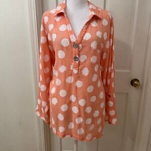 Ali Miles 1X Fun Artsy Blouse Top Peach Orange‎ White Polka Dot Roll Tab Sleeve